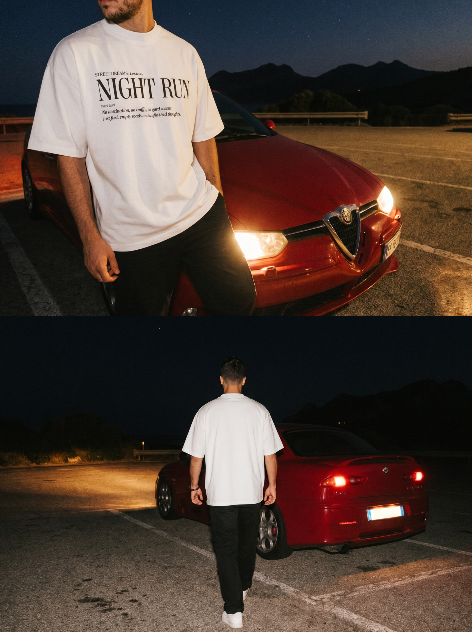 Person wearing a 'NIGHT RUN' t-shirt standing next to a red car at night.