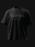 Black t-shirt with 'NIGHT RUN' text on a black background