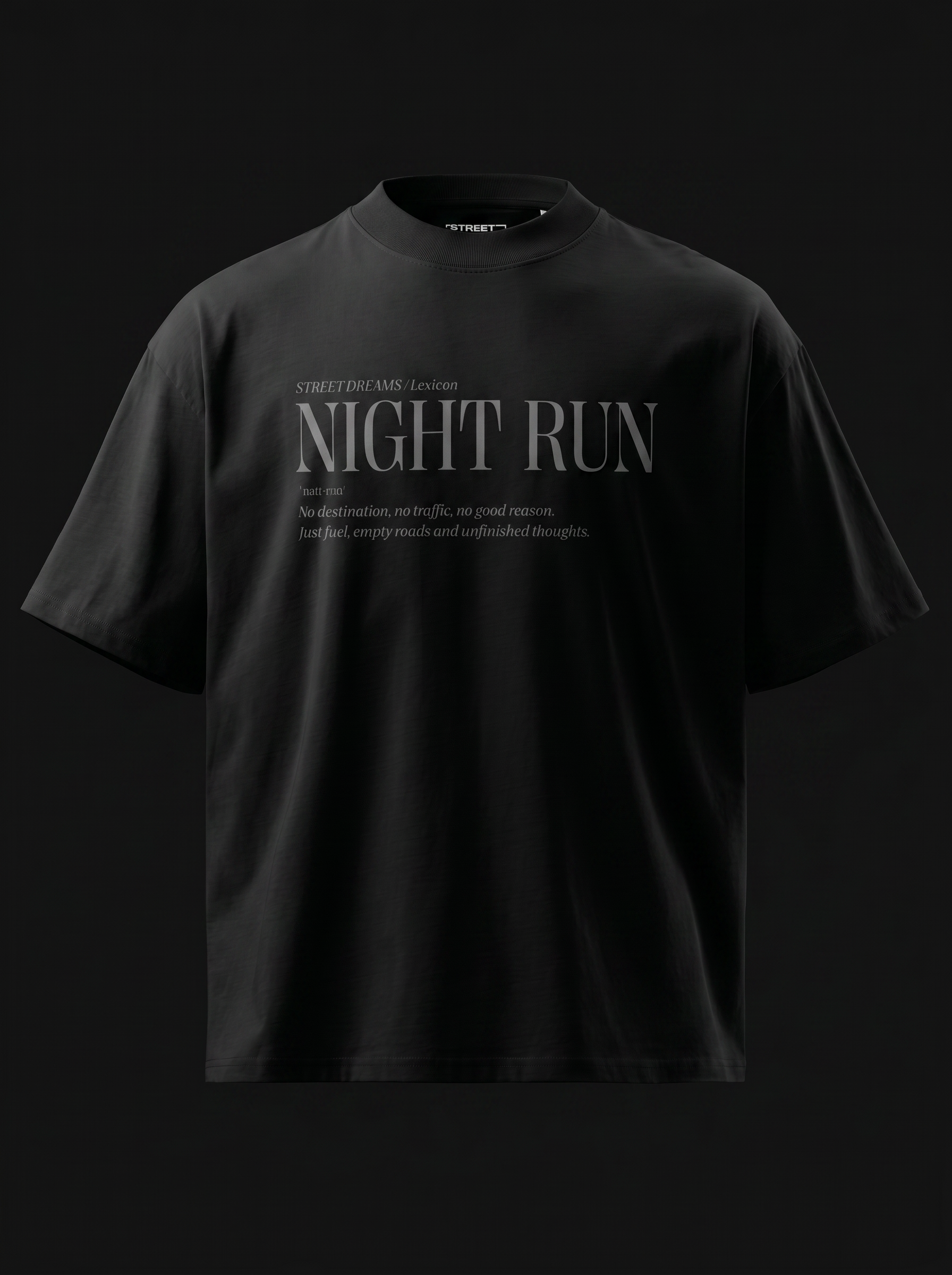 Black t-shirt with 'NIGHT RUN' text on a black background