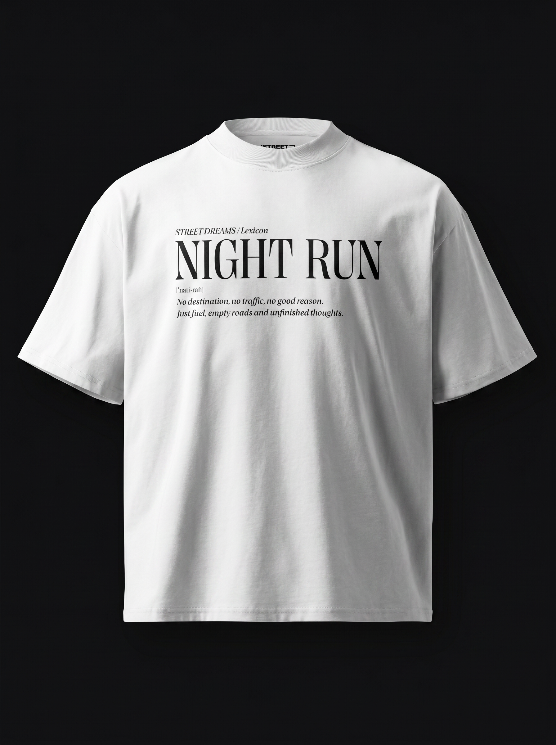 White t-shirt with 'NIGHT RUN' text on a black background