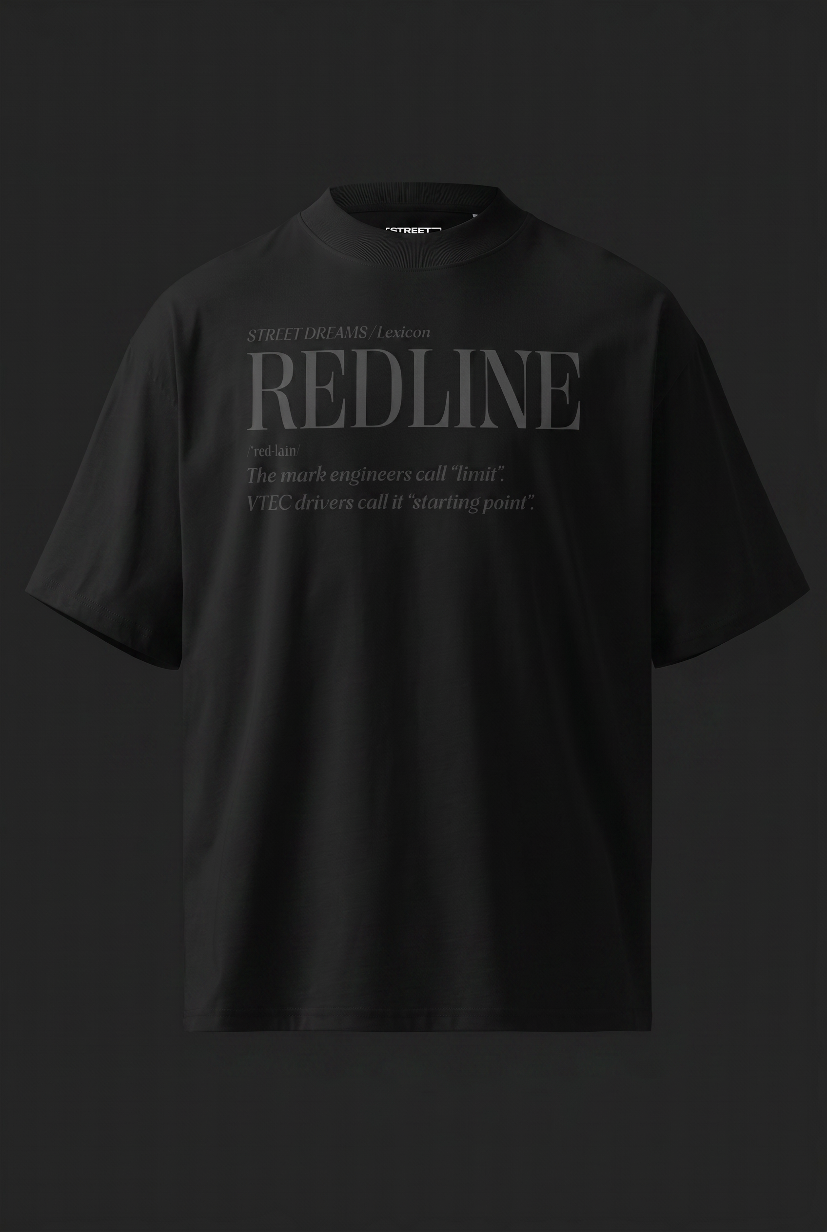 Black t-shirt with 'REDLINE' text on a black background