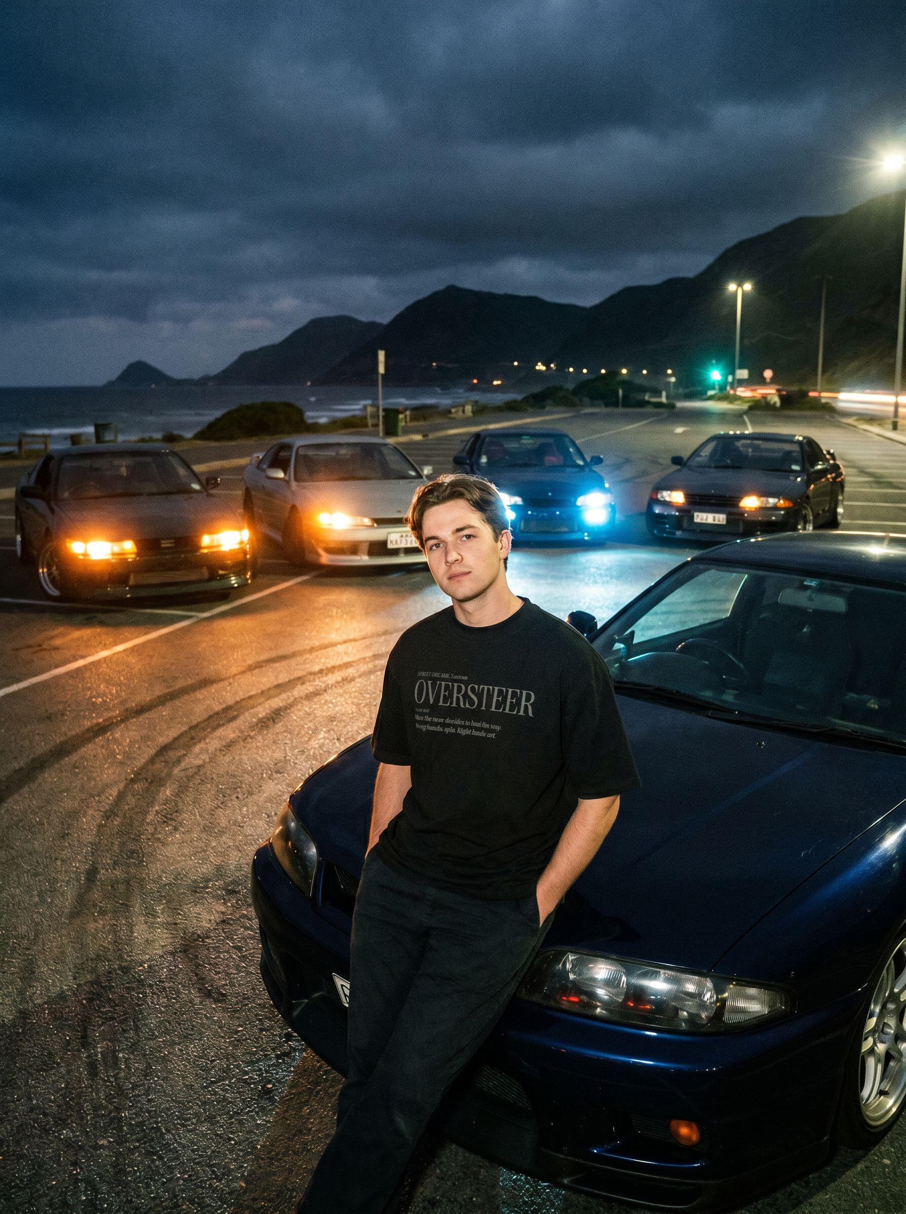 Person leaning against a car on a road at night with mountains in the background