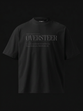 Black t-shirt with 'OVERSTEER' text on a black background