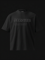 Black t-shirt with 'OVERSTEER' text on a black background