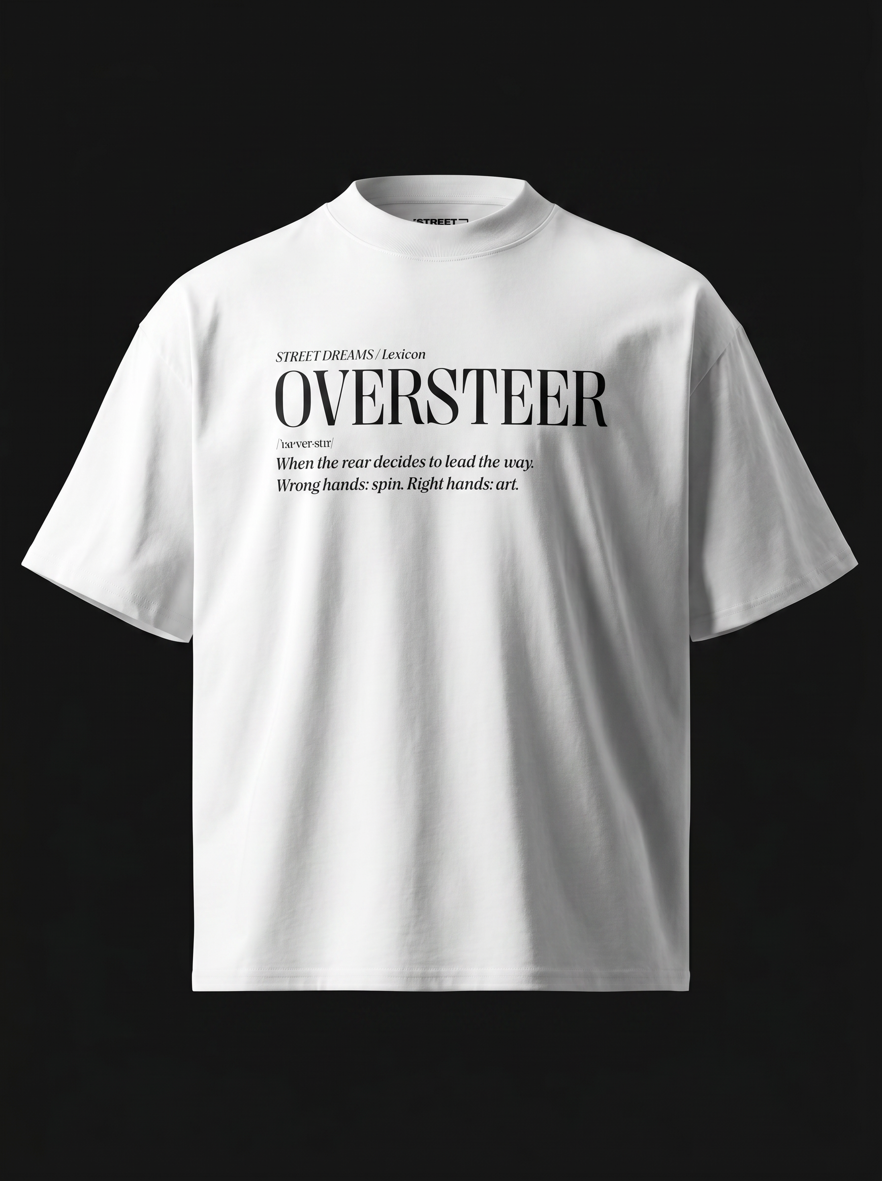 White t-shirt with 'OVERSTEER' text on a black background