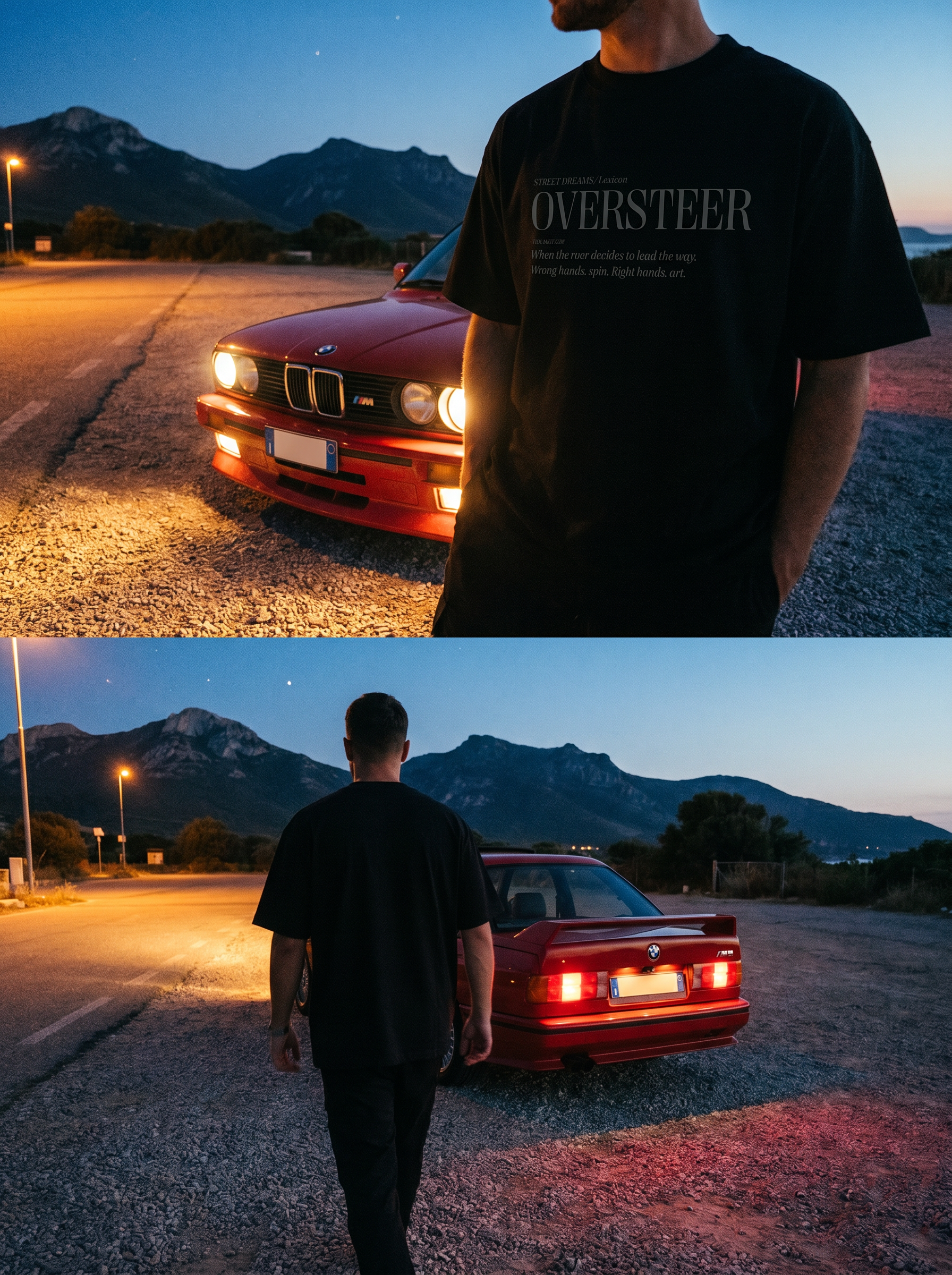 Person wearing an 'OVERSTEER' t-shirt standing next to a red BMW car with mountains in the background.
